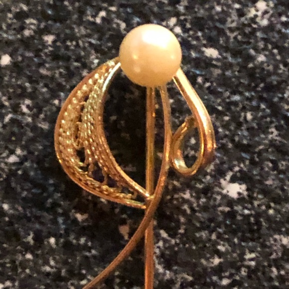 Vintage Stick Lapel Pin Golden With Pearl - Picture 2 of 2